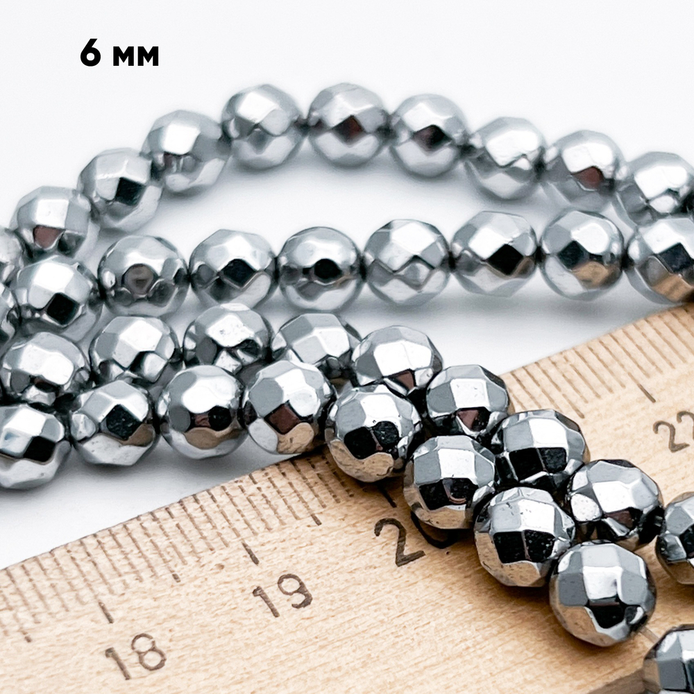 Гематит Шар граненый бусины (имитация), цвет серебристый, размер около 6 мм, цена за 15-16 шт (1/4 нити)