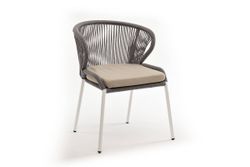 "Милан" стул плетеный из роупа, каркас алюминий белый шагрень, роуп светло-серый круглый, ткань бежевая