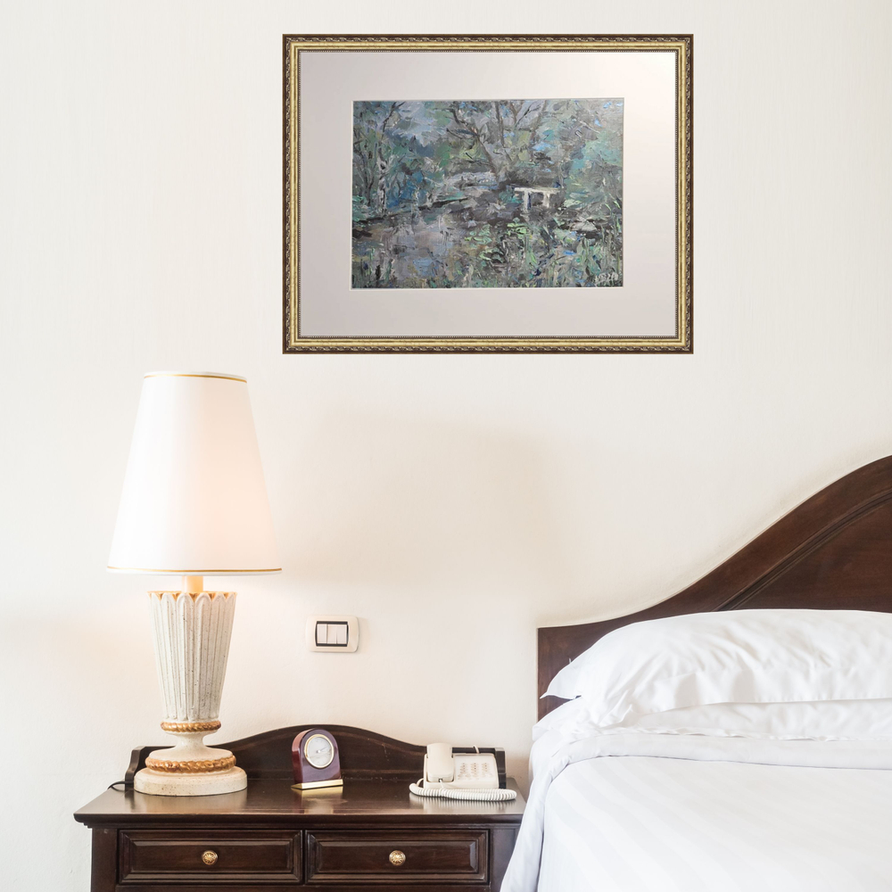 Картина авторская маслом на холсте в паспарту 30х40 см на стену для интерьера "Этюд в голубых тонах"