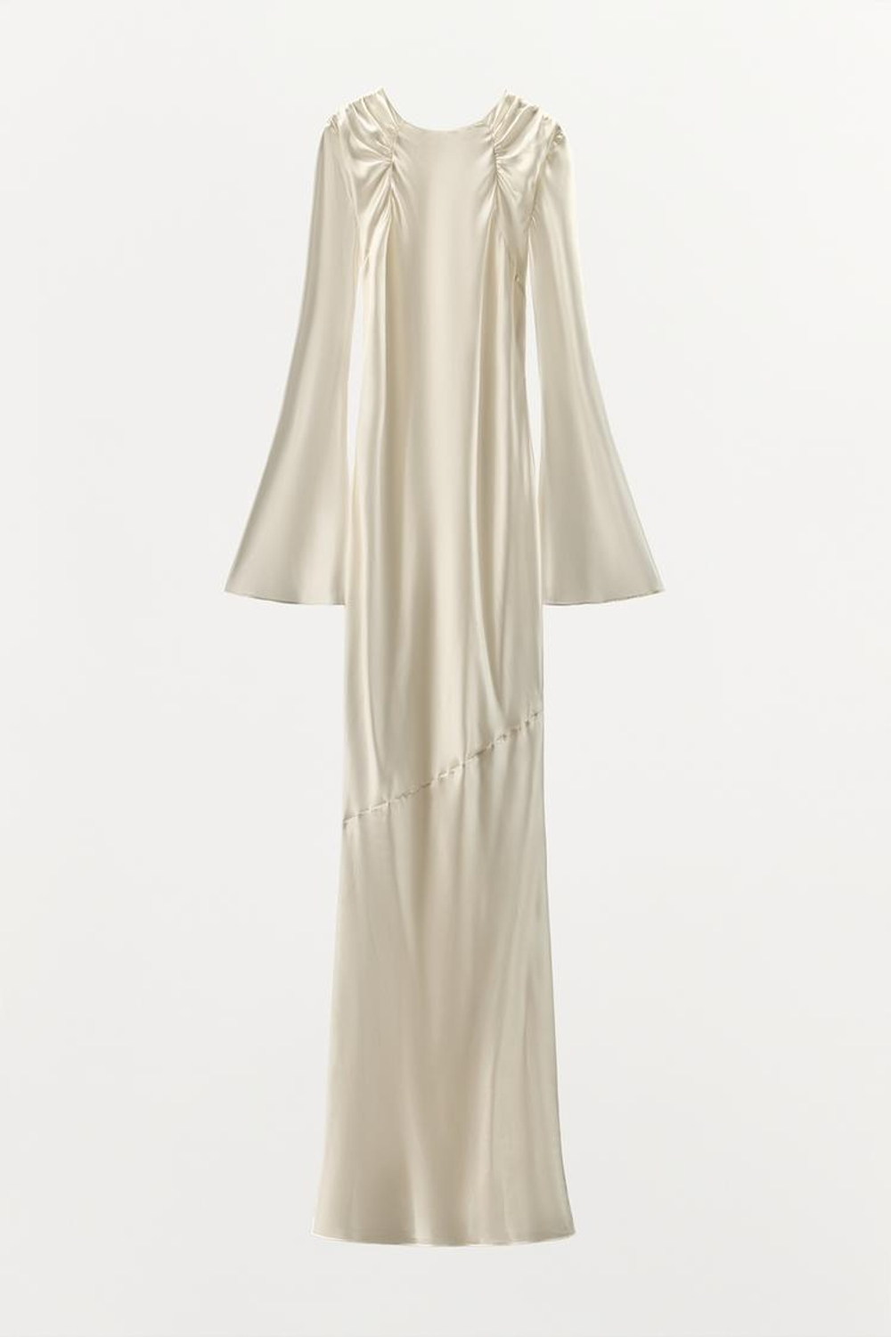 ZARA ПЛАТЬЕ ИЗ 100% ШЕЛКА СО СБОРКАМИ, ЖЕЛТОВАТО-БЕЛЫЙ