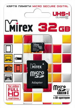 Карта памяти 32GB Class 10 MIREX UHS-I +SD adapter