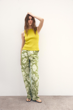 ZARA ДЖИНСЫ Z1975 STRAIGHT-LEG FULL LENGTH С ВЫСОКОЙ ПОСАДКОЙ ИЗ ТКАНИ С ПРИНТОМ, ЭКРЮ/ХАКИ