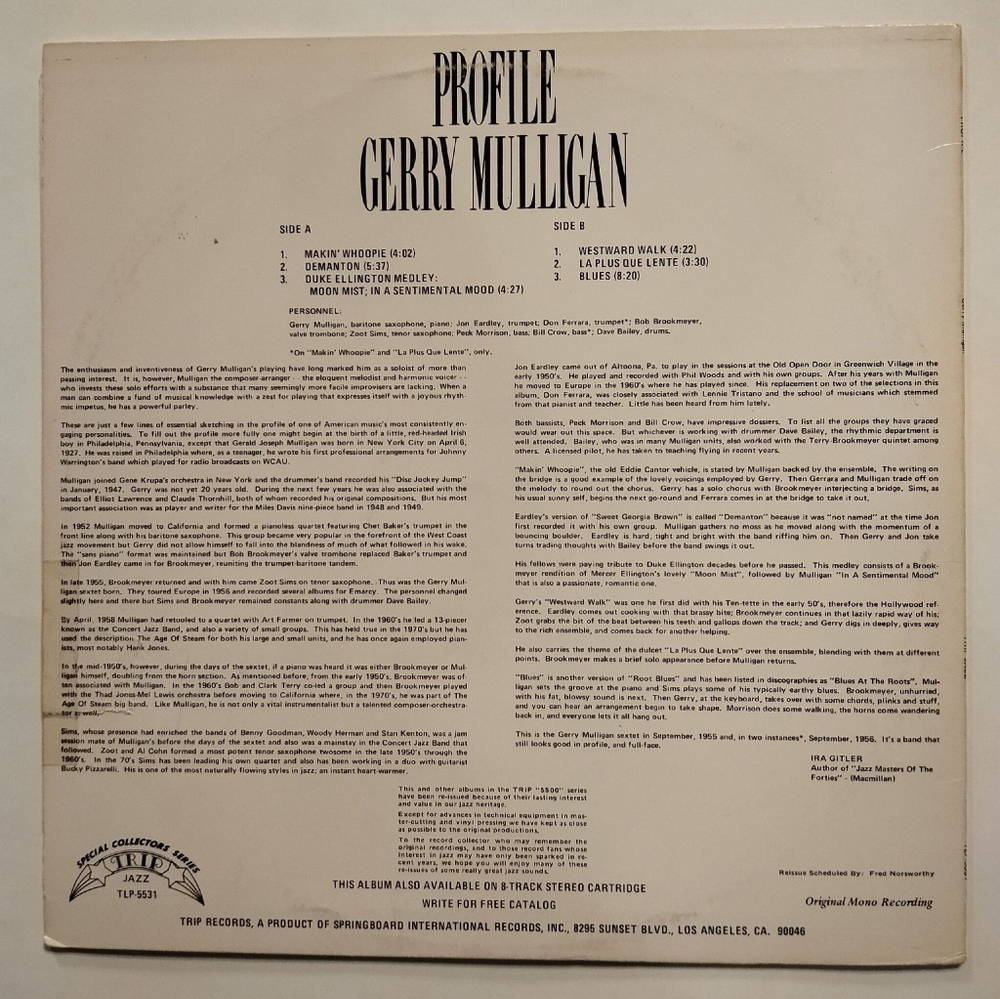 Винтажная виниловая пластинка LP Gerry Mulligan Profile 1955 (USA 1974)