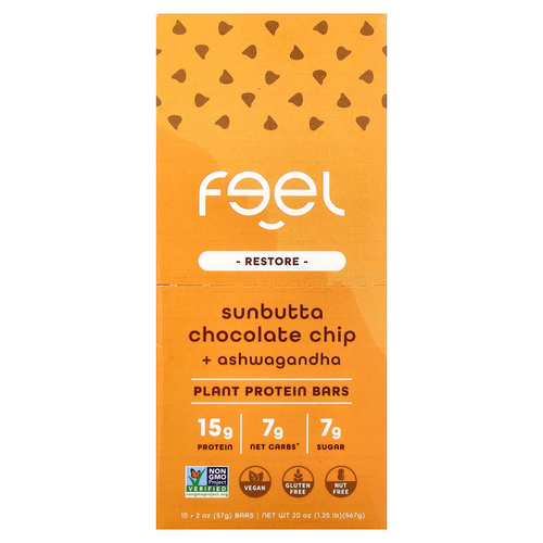The Feel Bar, Restore, батончики с растительным протеином, Sunbutta, с шоколадной крошкой и ашвагандой, 10 батончиков по 57 г (2 унции)