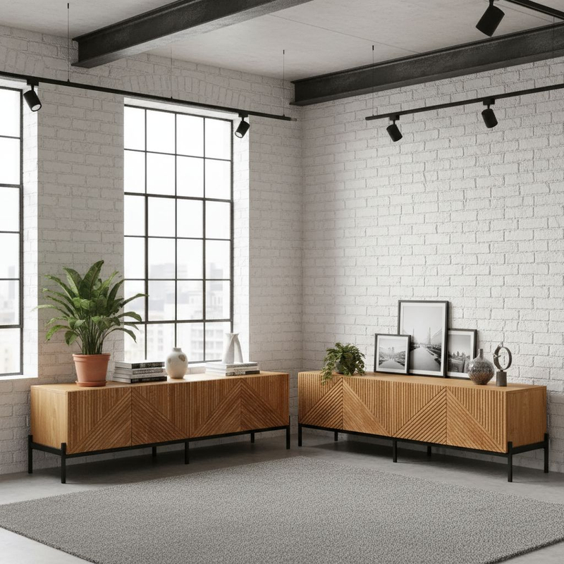 Тумба под телевизор, 180х42х51, Грувс, напольная, для прихожей и спальни, деревянная, с резными дубовыми фасадами, дуб, Dipriz