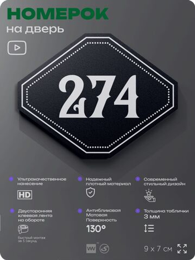 Номерок на дверь квартиры 274, для кабинета, офиса, шильдик 9 х 7 см, черный, Айдентика Технолоджи