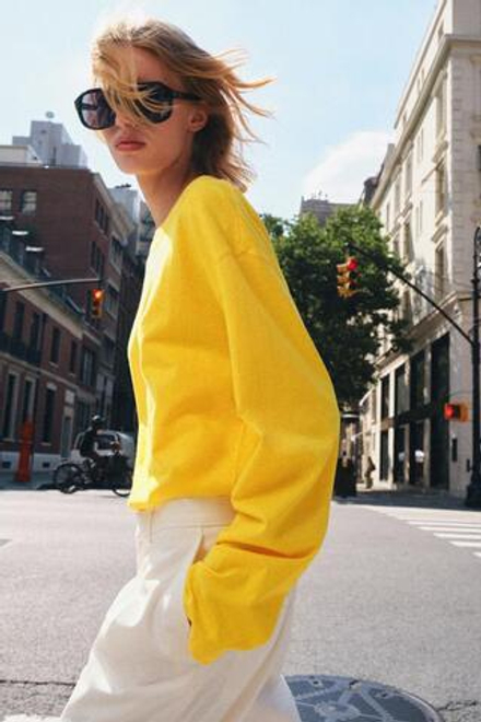 ZARA ФУТБОЛКА ИЗ ХЛОПКА И ЛЬНА, ЖЕЛТЫЙ