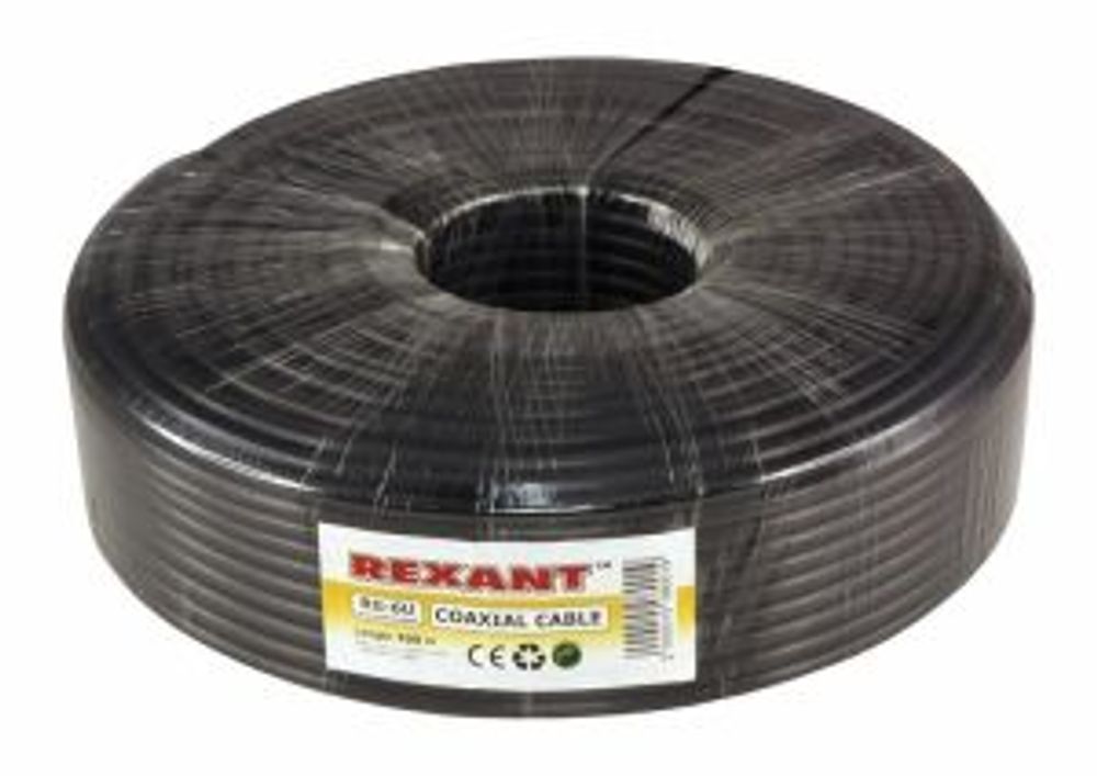 Кабель коаксиальный RG-6U, 75Ом, Cu/Al/Cu, 64%, 100м, OUTDOOR, черный REXANT