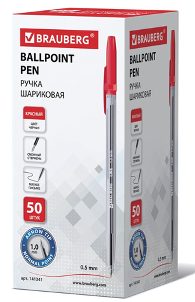 Ручка шарик. узел 1мм, линия 0,5мм. "Line" красная, корпус прозрачный (BRAUBERG)