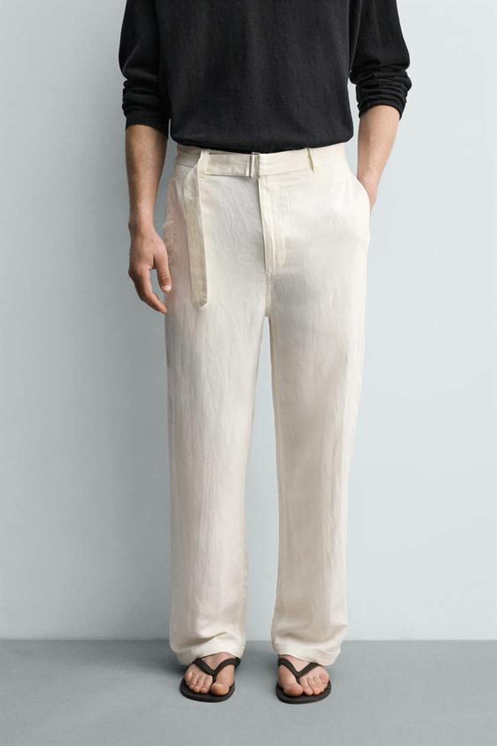 ZARA БРЮКИ RELAXED FIT ИЗ ВИСКОЗЫ И ЛЬНА С РЕМНЕМ, ЭКРЮ