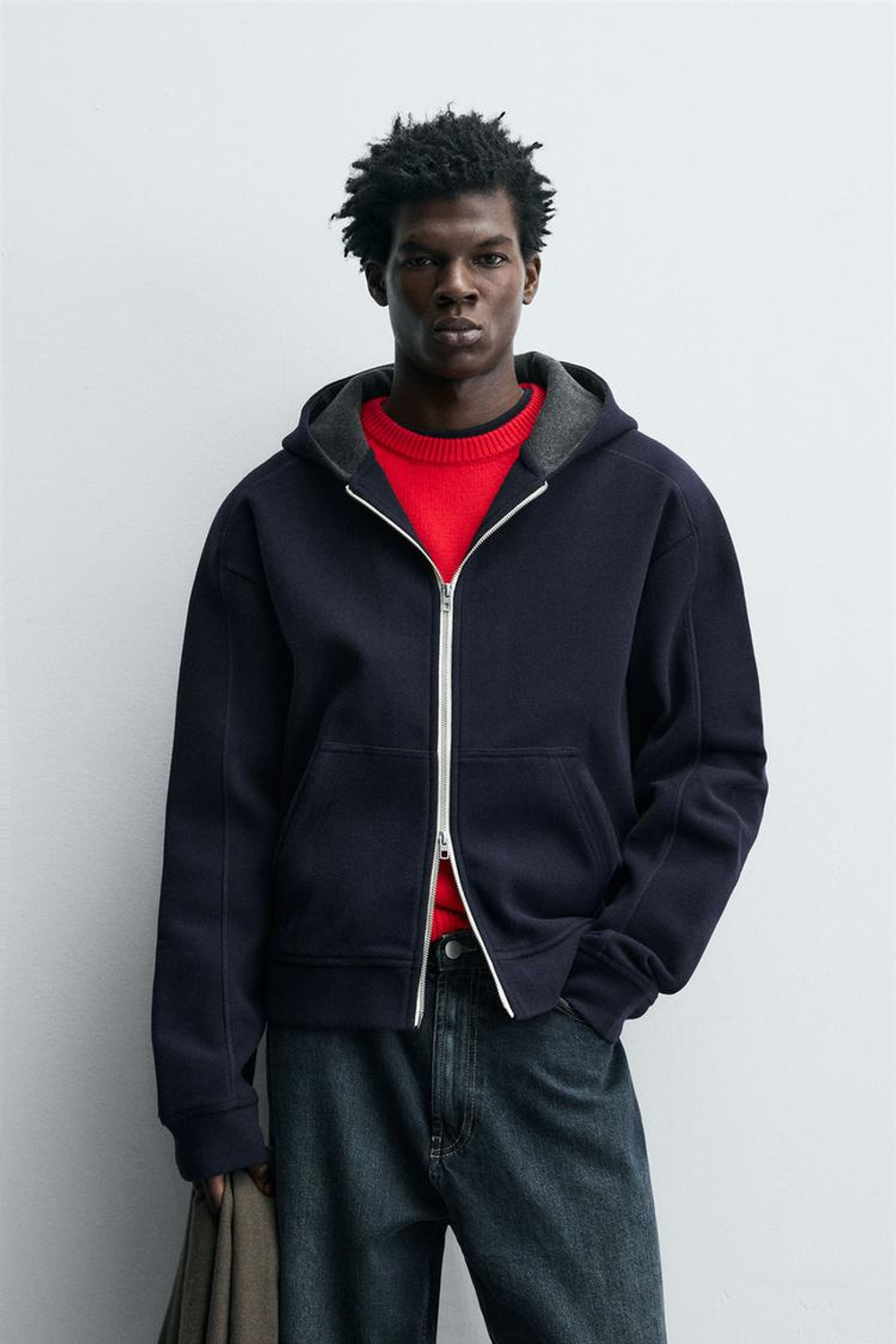 ZARA ФЕТРОВОЕ ХУДИ С КАПЮШОНОМ, МОРСКОЙ СИНИЙ