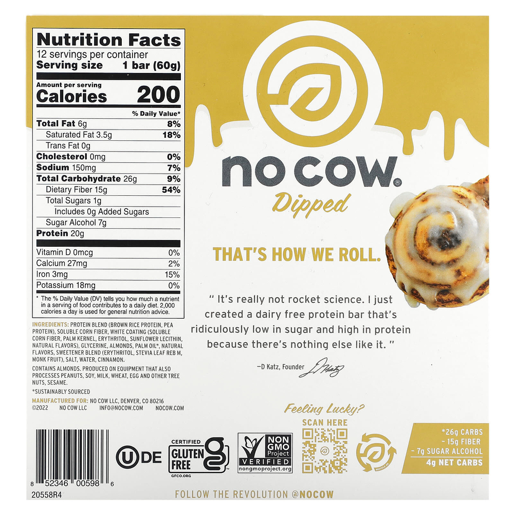 No Cow, Протеиновый батончик, липкая булочка с корицей, 12 батончиков, 60 г (2,12 унции)