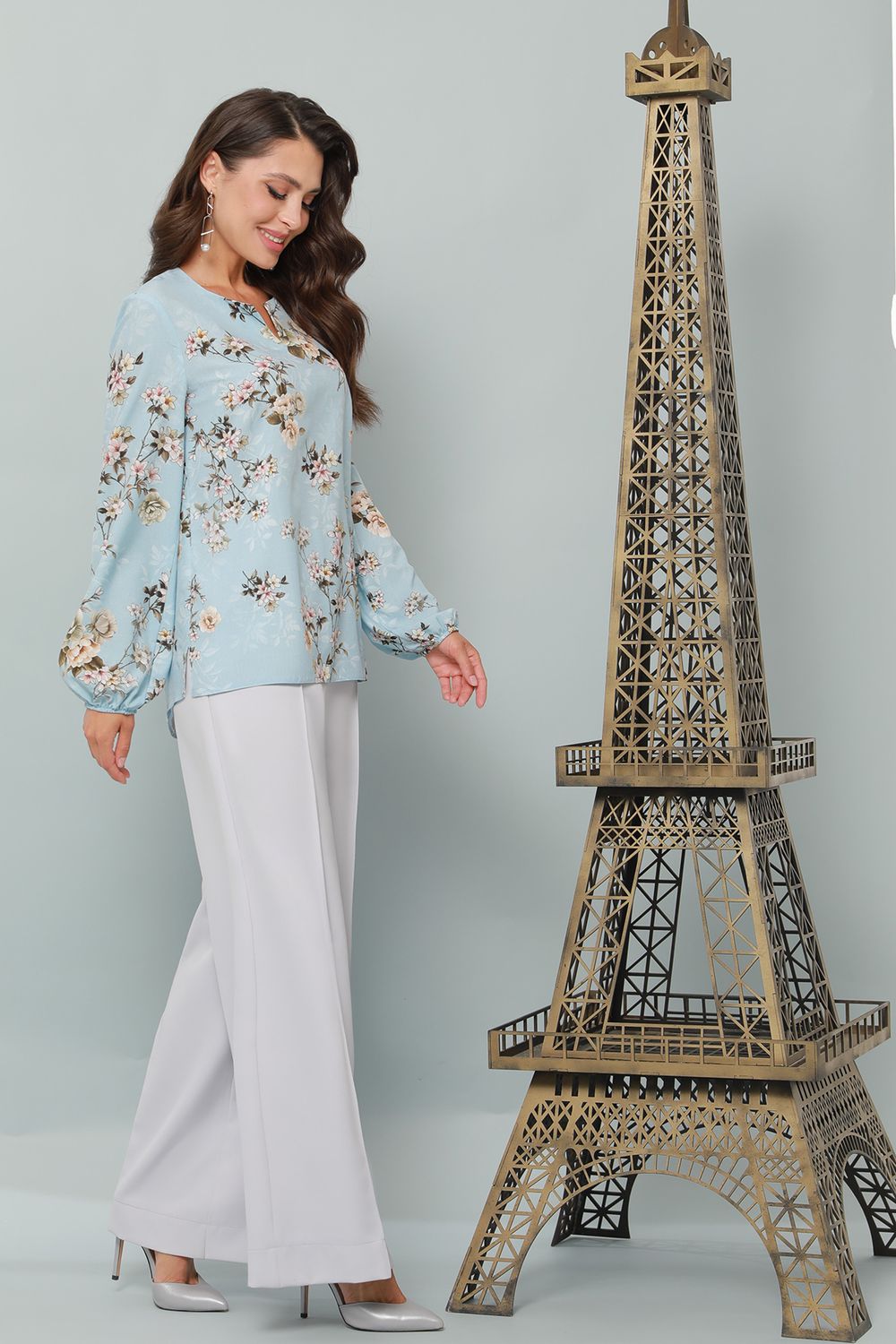 Блузка голубая с цветочным принтом DStrend (Акция)