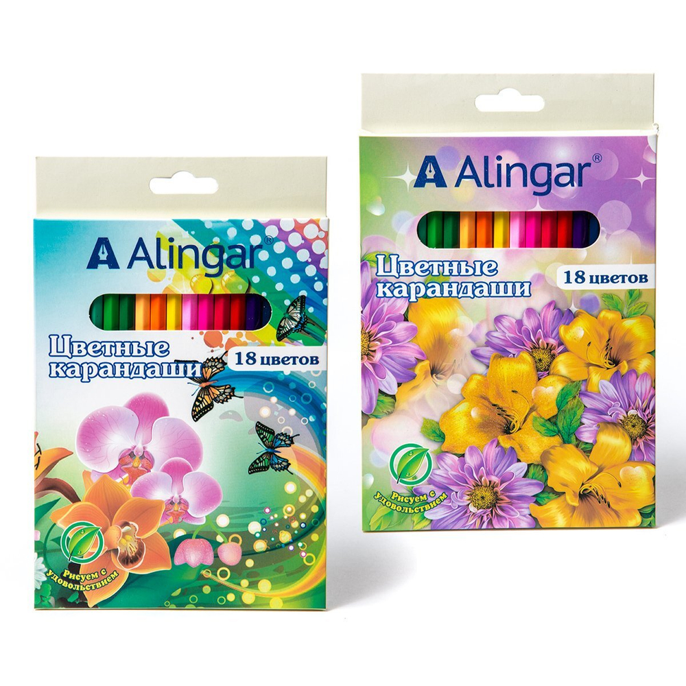 Карандаши цветные Alingar "Цветы", 18цв., трехгранные, заточен., грифель 3,0мм