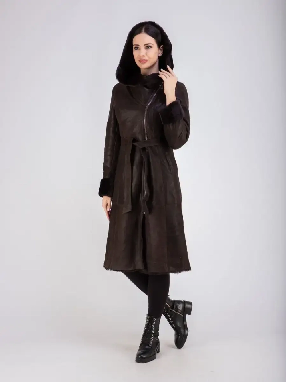 Дубленка женская зима натуральная длинная с капюшоном Турция