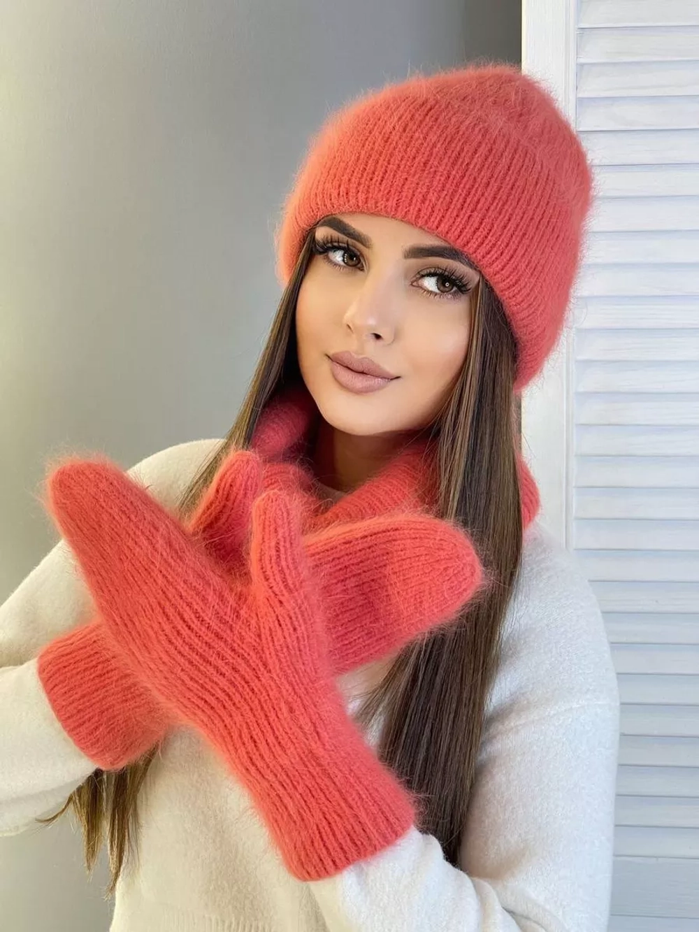 шапка снуд и варежки набор 3 в 1