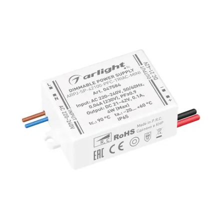 Блок питания ARPJ-SP-42100-PFC-TRIAC-MINI (4W, 21-42V, 100mA) (Arlight, IP65 Пластик, 5 лет) 047584