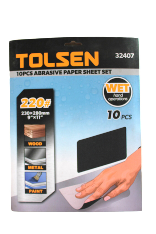 Шлифлист на бумажной основе водостойкий TOLSEN P220 SIC, 230х280мм 10шт. 32407