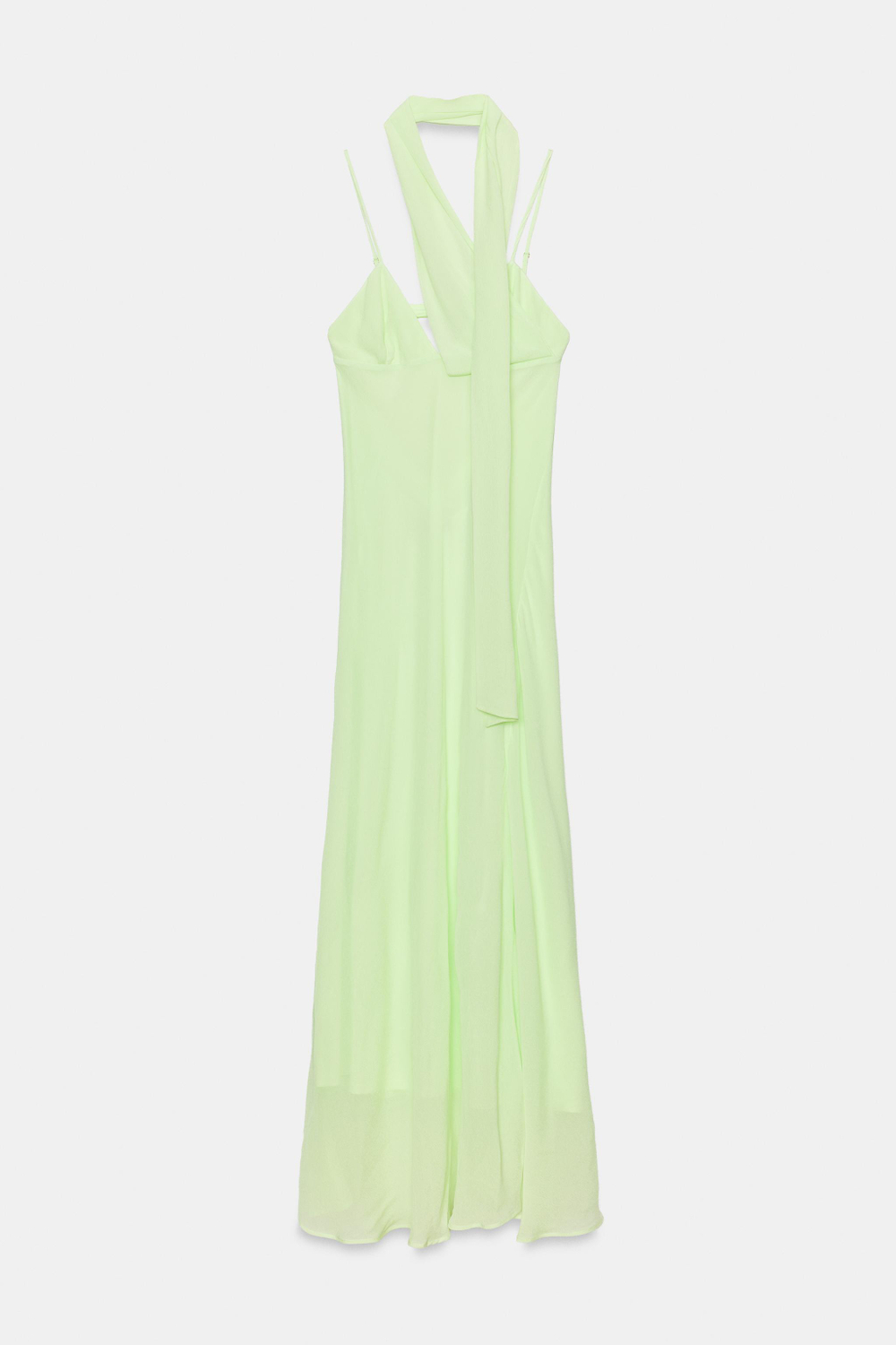 ZARA ДЛИННОЕ ПЛАТЬЕ ИЗ ЖОРЖЕТА С ТОНКИМИ БРЕТЕЛЯМИ И ШАРФОМ, ЛАЙМОВЫЙ