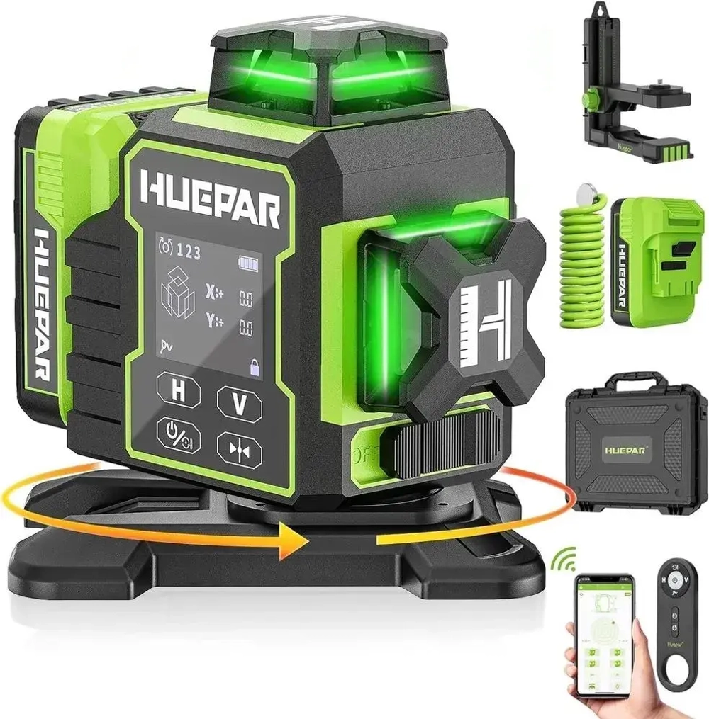 Лазерный уровень Huepar W04CG (ТОЧНЫЙ) с поворотным электромотором и дисплеем