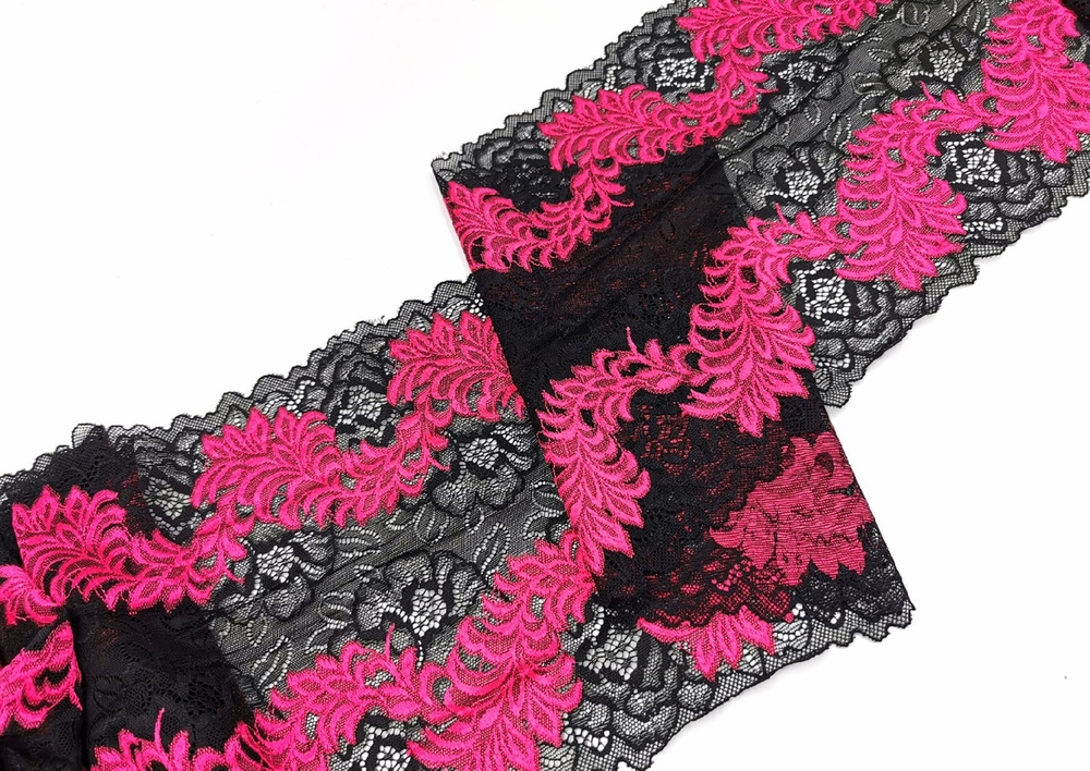 Эластичное кружево, 21,5 см, черное и малиновое, м, (Арт: EK-2501), м