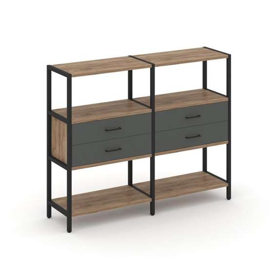 Shelf System Двухсекционный стеллаж трехярусный с ящиками SN.STM-322 Дуб Табак/Антрацит/Металл Черны