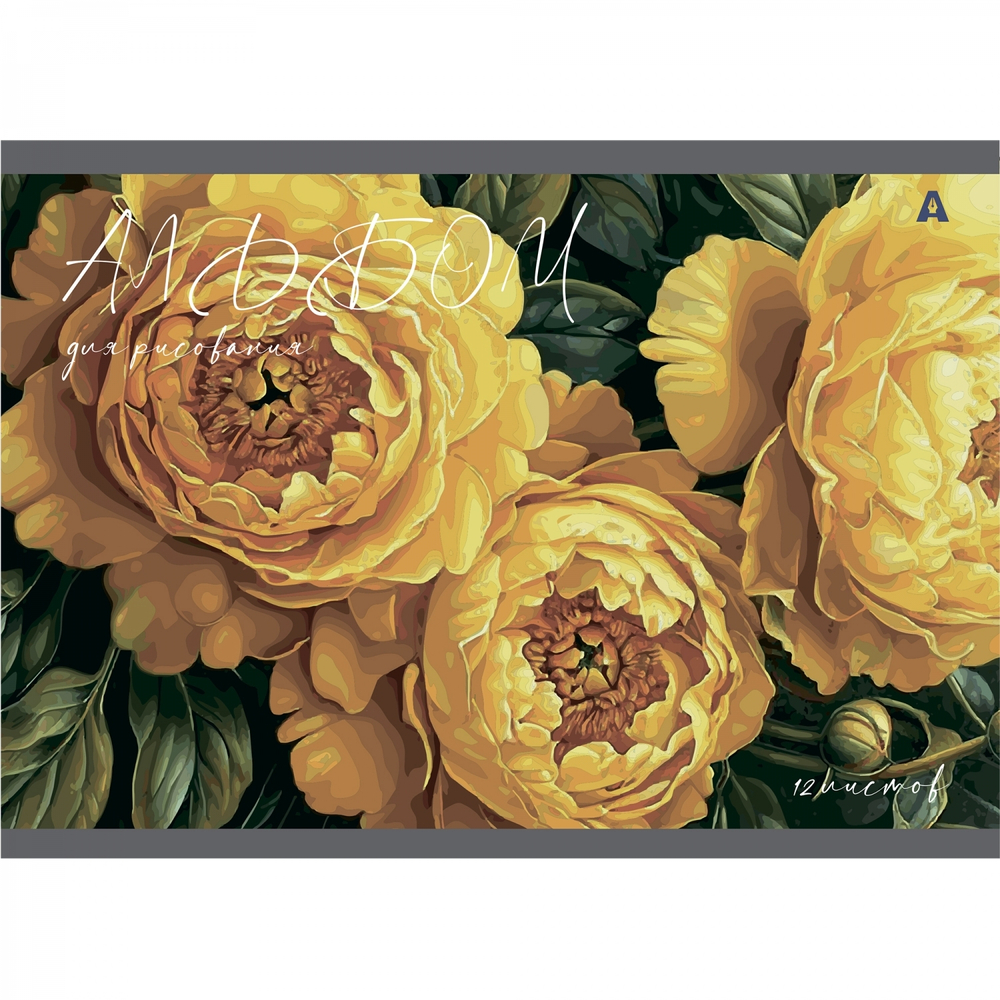 Альбом для рисования А4 12л., Alingar, на скрепке, мелованный картон (стандарт), 100 г/м2, "Акварельные цветы", 4 дизайна в пленке т/у