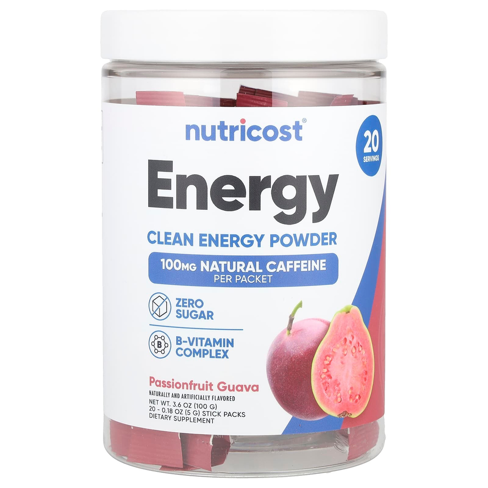 Nutricost, Energy, Clean Energy в порошке, маракуйя и гуава, 20 пакетиков по 5 г (0,18 унции)