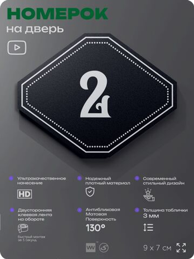 Номерок на дверь квартиры 2, для кабинета, офиса, шильдик 9 х 7 см, черный, Айдентика Технолоджи