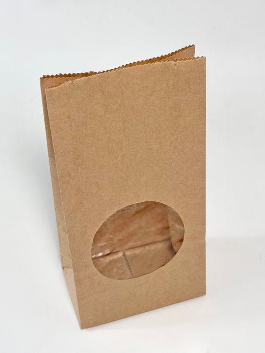 Крафт пакет с окном круг, 100 х 60 х 200 мм, 2 сл., с ламинацией