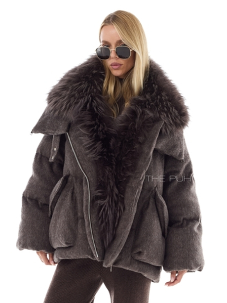 Объемный текстильный пуховик с мехом енота в цвете шоколад