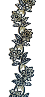 Кружево декоративное с кордом и вышивкой цвет молочно-золотой с черным