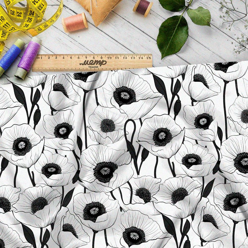 Ткань премиум Оксфорд 600D крупные черно-белые  маки