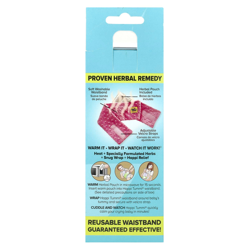Happi Tummi, Fast Relief, средство от колик и газообразования, натуральное обертывание, для детей от 36 месяцев, розовый, 1 обертка и 1 пакетик с травами