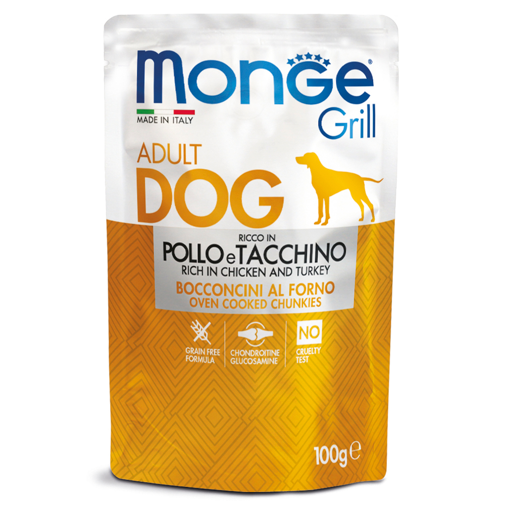 Влажный корм Monge Dog Grill для собак с курицей и индейкой, паучи 100 г - 24 шт