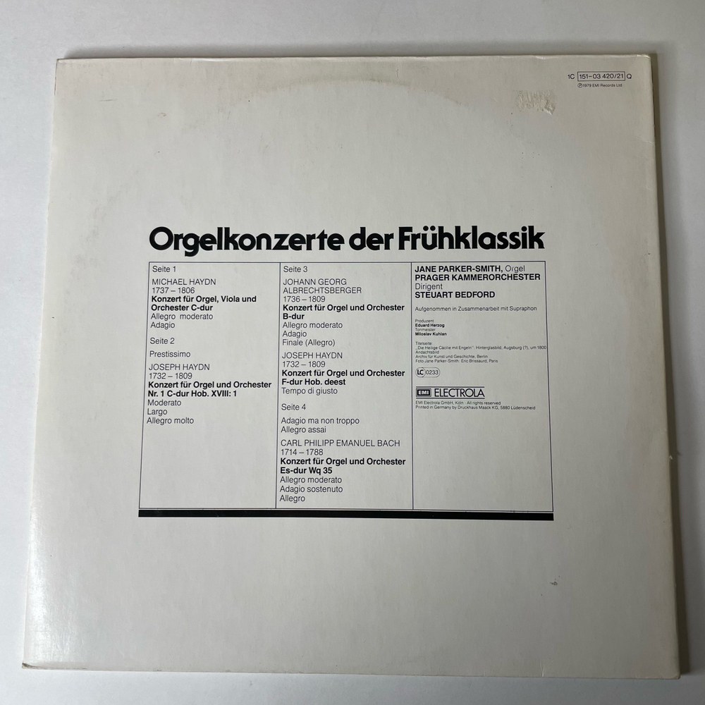 Винтажная виниловая пластинка LP Jane Parker-Smith, Joseph Haydn Гайдн, Orgelkonzerte Der Fruhklassik Ранние Классические Органные Концерты (Германия 1979) Quadraphonic
