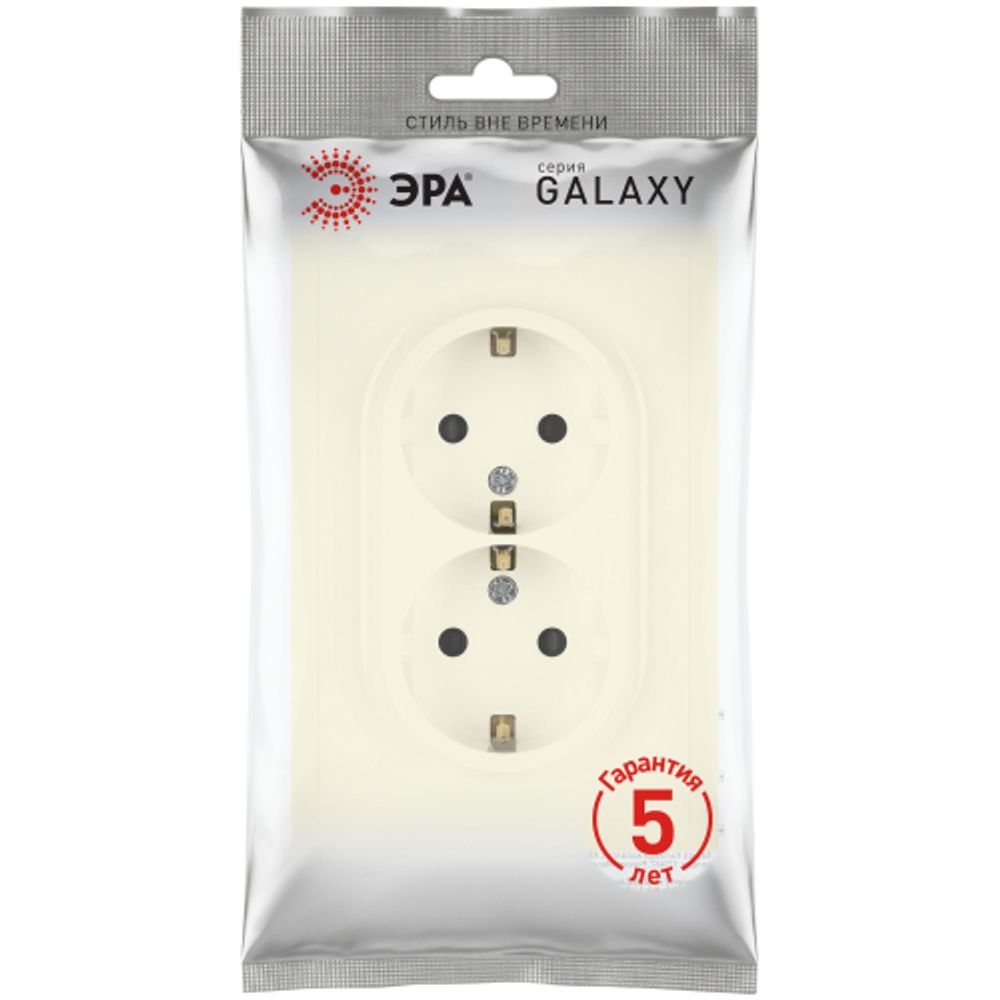 Розетка ЭРА Galaxy 15-2104-02 с заземлением двойная 2X2P+E Schuko 16А-250В IP20 слоновая кость | Эра Galaxy