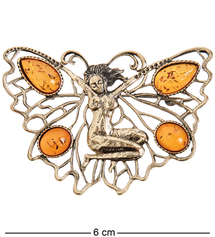AM-1655 Брошь «Бабочка Спящая фея» (латунь, янтарь)