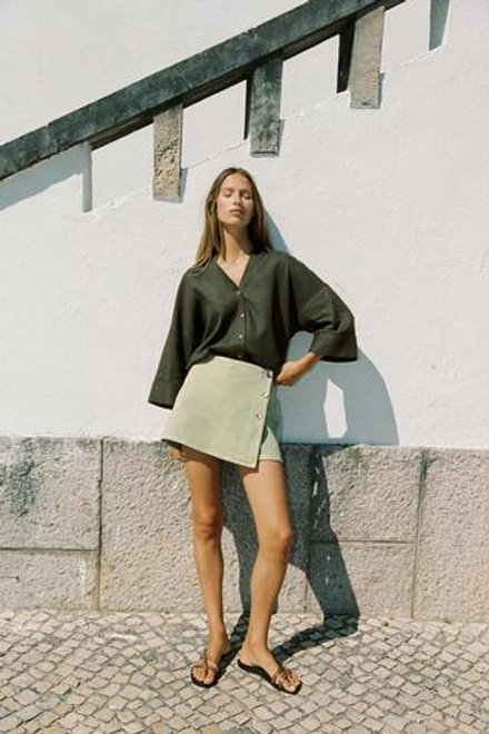 ZARA РУБАШКА ИЗ СМЕСОВОГО ЛЬНА С ШИРОКИМИ РУКАВАМИ, ТЕМНЫЙ ХАКИ