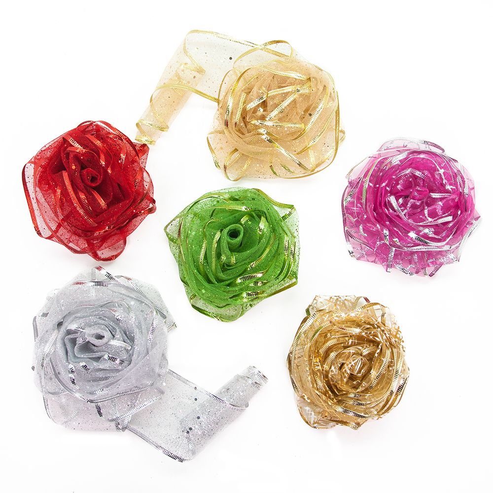 Лента декоративная (6 см*2,74 м) Ассорти дизайнов, Органза, Розовый, 1 шт.