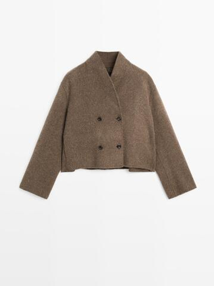 Massimo Dutti Короткая двубортная куртка из смесовой шерсти, темный хаки
