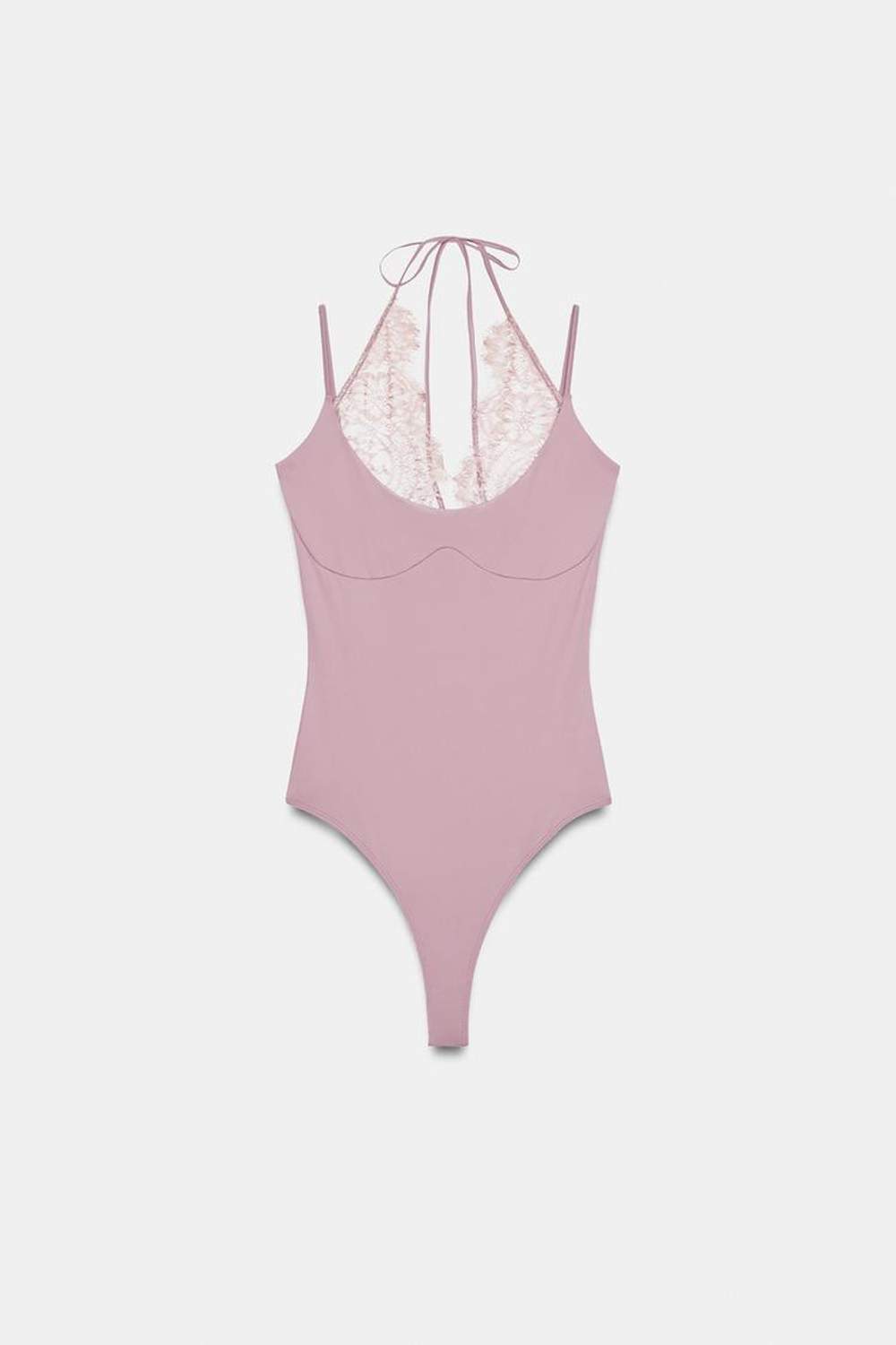 ZARA БОДИ ХАЛТЕР С КОМБИНИРОВАННЫМ КРУЖЕВОМ, ПУДРОВО-РОЗОВЫЙ