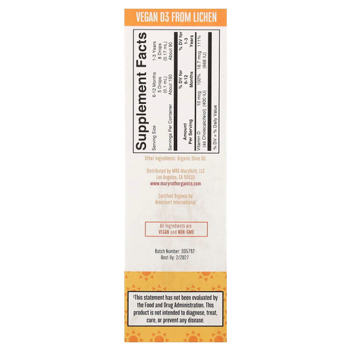 MaryRuth's, органический витамин D3 в форме капель для младенцев и малышей, от 6 месяцев, без ароматизаторов, 15 мл (0,5 жидк. унции)