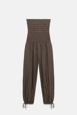 ZARA КОМБИНЕЗОН РУСТИК В СБОРКУ, ТЕМНЫЙ СЕРО-КОРИЧНЕВЫЙ