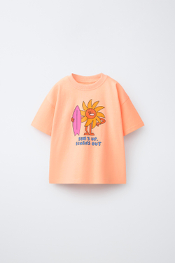ZARA ФУТБОЛКА С ПРИНТОМ, НЕОНОВО-ОРАНЖЕВЫЙ