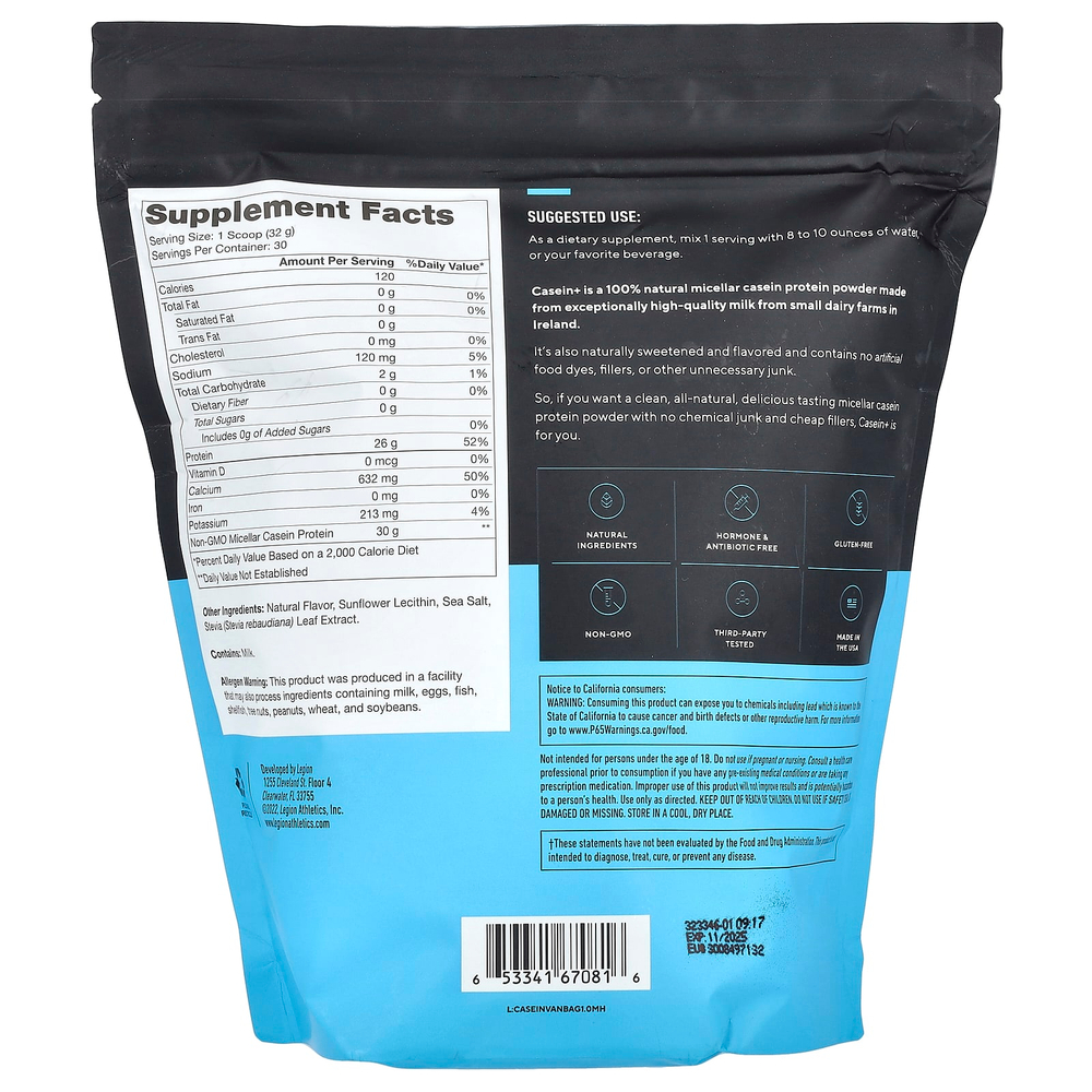 Legion Athletics, Casein +, казеиновый протеиновый порошок, французская ваниль, 960 г (2,11 фунта)