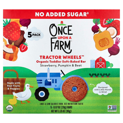 Once Upon A Farm, Tactor Circle™, органические запеченные батончики для малышей, клубника, тыква и свекла, 5 батончиков по 19 г (0,67 унции)