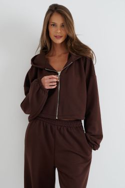 Укороченное худи на молнии шоколадного цвета