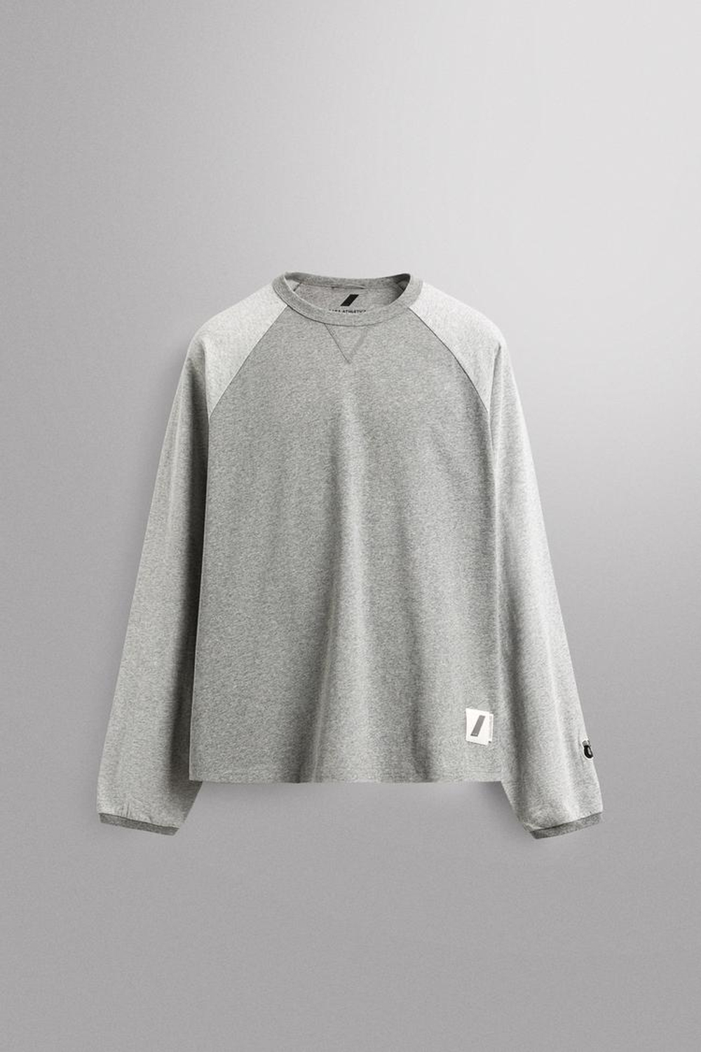 ZARA ФУТБОЛКА COLOR BLOCK С ДЛИННЫМИ РУКАВАМИ И ВЫШИВКОЙ, СЕРЫЙ МЕЛАНЖ