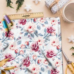 Ткань поплин розовые розы на белом фоне